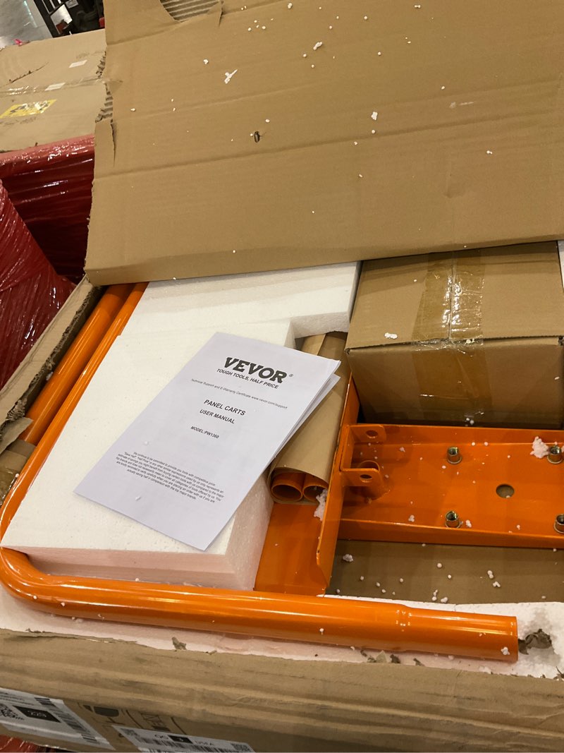 Condition photo showing As Is for VEVOR Drywall Cart, 3000 LBS Panel Dolly Cart with 45.28" x 21.8" Deck and 5" Swivel Wheels, Heavy-Duty Drywall Sheet Cart, Handling Wall Panel, Sheetrock, Lumber, for Garage, Home, Warehouse