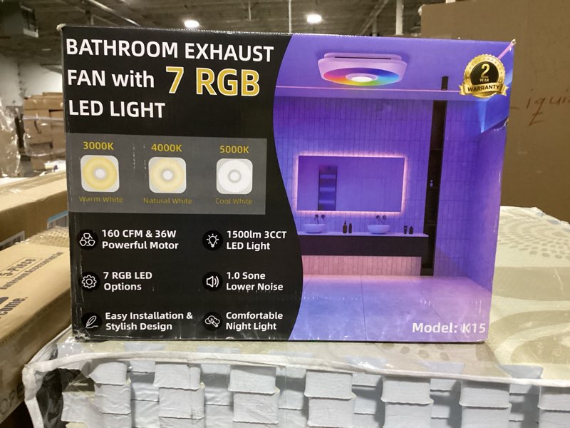 Condition photo showing New/Like New for bathroom exhaust fan with light, 36w quiet vent fan - 160 cfm & 1.0 sone, 1500lm led light (3000k/4000k/5000k) - 5 brightness adjustable, 7 rgb modes & nightlight, remote control, easy to install white