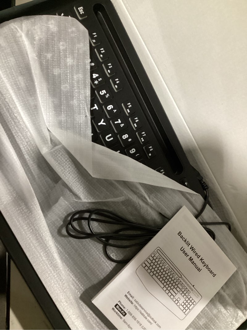 Condition photo showing Good Condition for sablute large print backlit keyboard, wired usb computer keyboards with 7-colors backlight, wrist rest, phone holder, oversized letter keys easy to see and type for laptop, pc, windows, black