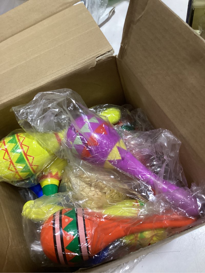 Condition photo showing Good Condition for 12 pcs colorful wooden maracas and 6 pcs mini sombrero hats - mexican fiesta party favors and supplies for carnivals
