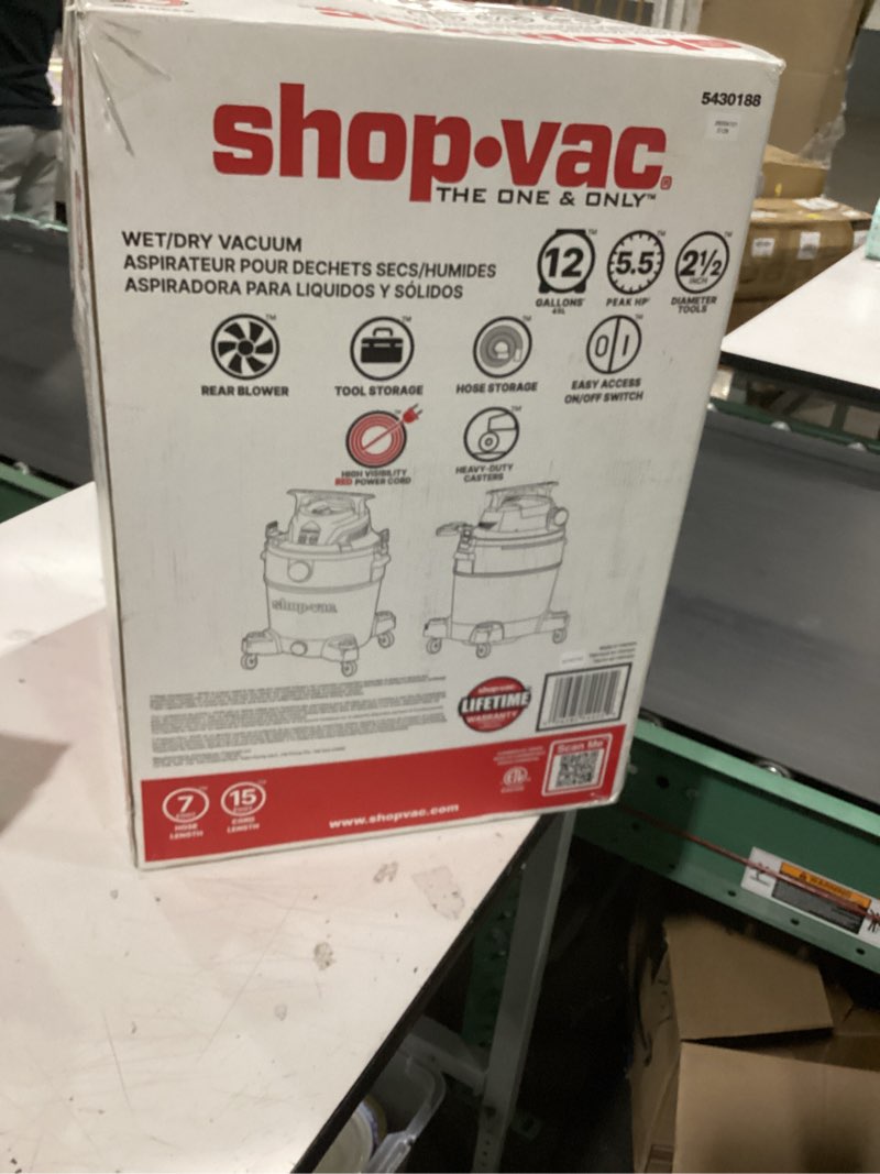 Condition photo showing As Is for shop-vac 12-gallon 5.5 hp corded wet/dry shop vacuum with accessories included