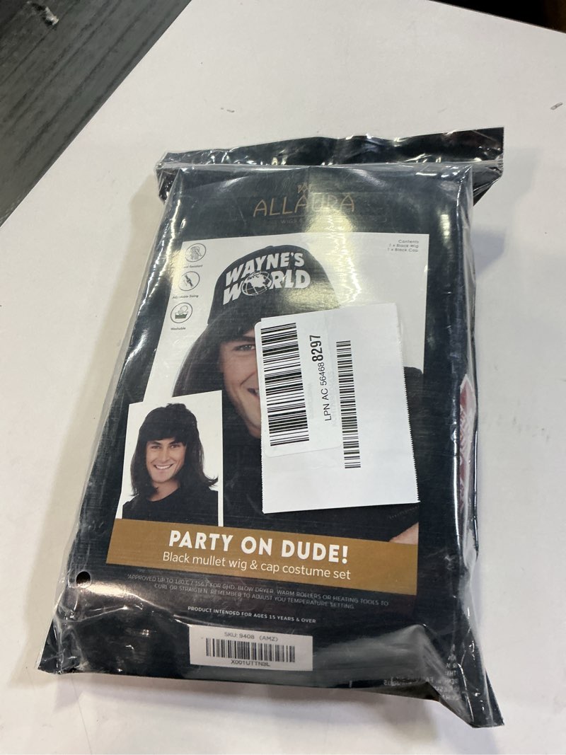 Condition photo showing New/Like New for ALLAURA Compatible with Wayne’s World Wig and Hat – Black Mullet Wig with Wayne’s Cap for Men – 80s Rocker Costume, Heavy Metal Look, 1980s Party Outfit, Funny Halloween or Couples Costume Accessory Black+Accessories