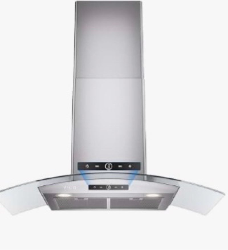 vikio home 30 inch wall mount range hood, curved glass kitchen vent hood, 450 cfm dual inlet, ducted
