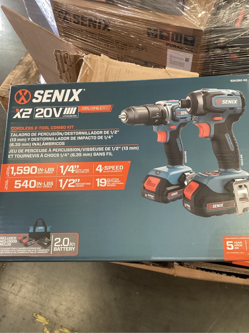 Condition photo showing New/Like New for senix x2 20-volt 2-tool brushless power tool combo kit with soft case (2-batteries included and charger included)