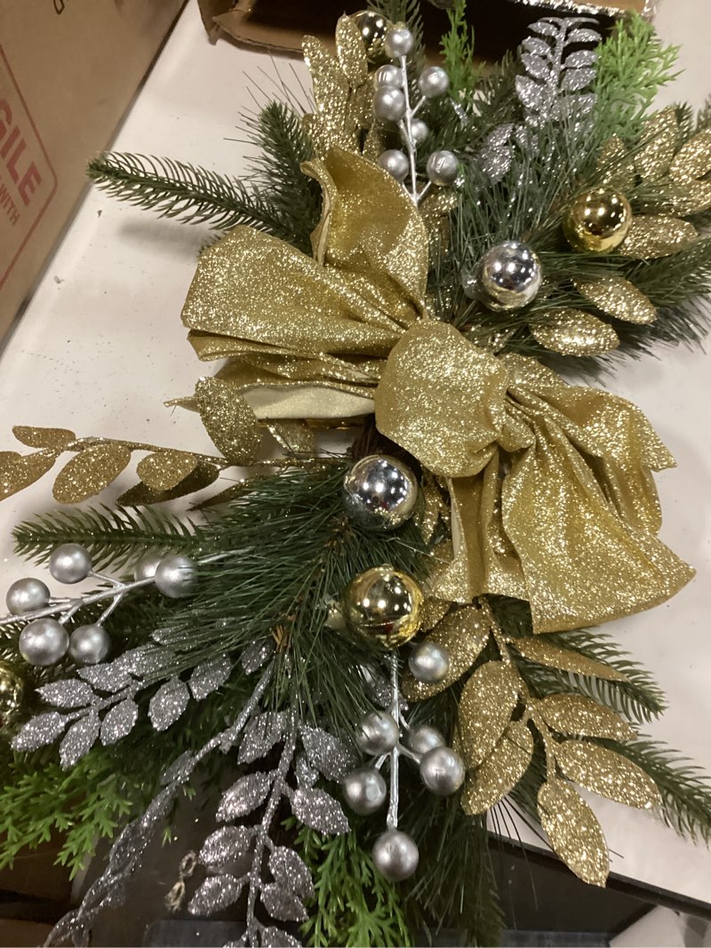 Condition photo showing Good Condition for Light Up Christmas Swag Wreath 2024 -Cordless Prelit Stairway Swag Trim -Christmas Swag Wreaths for Front Door Wall Window -Hanging Stair Teardrop Swag Garlands -Hanging Ornament Decor 2pcs (Gold)
