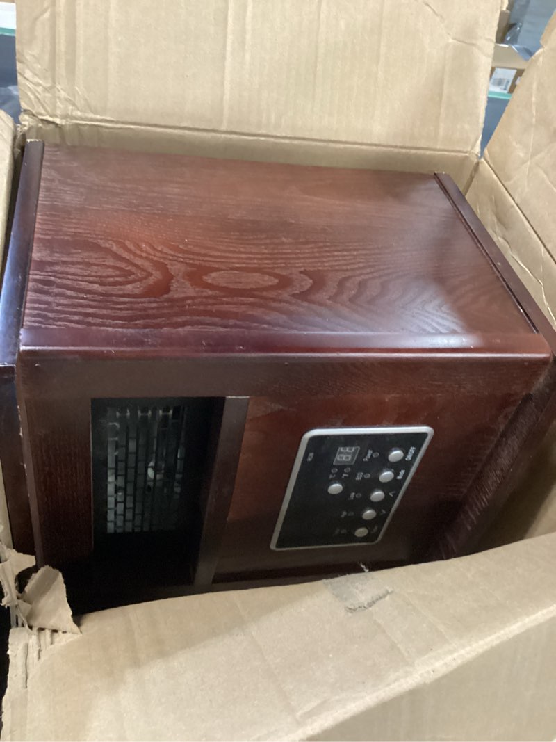 Condition photo showing As Is for Infrared Space Heater for Indoor Use - 1500W Portable Box Heater with Wood Cabinet, Remote Control & 12H Timer, Quiet Electric Heater with Safety Protection for Bedroom Living Room Office Walnut Color