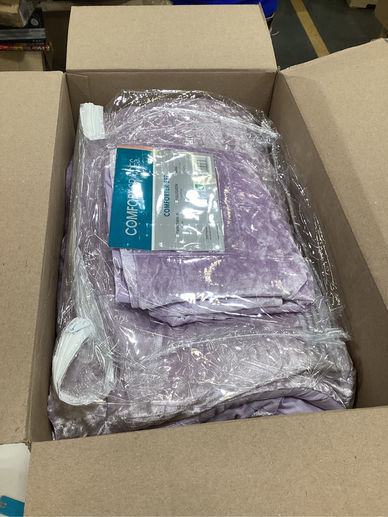 Condition photo showing Good Condition for Comfort Spaces Juliette Luxe Comforter Set Velvet Lush with Soft Brushed Microfiber Reverse, All Season Cozy Velvet Bedding Sets, Fluffy Comforter Bed Set, Matching Sham, Purple King 3 Piece Purple Comforter King