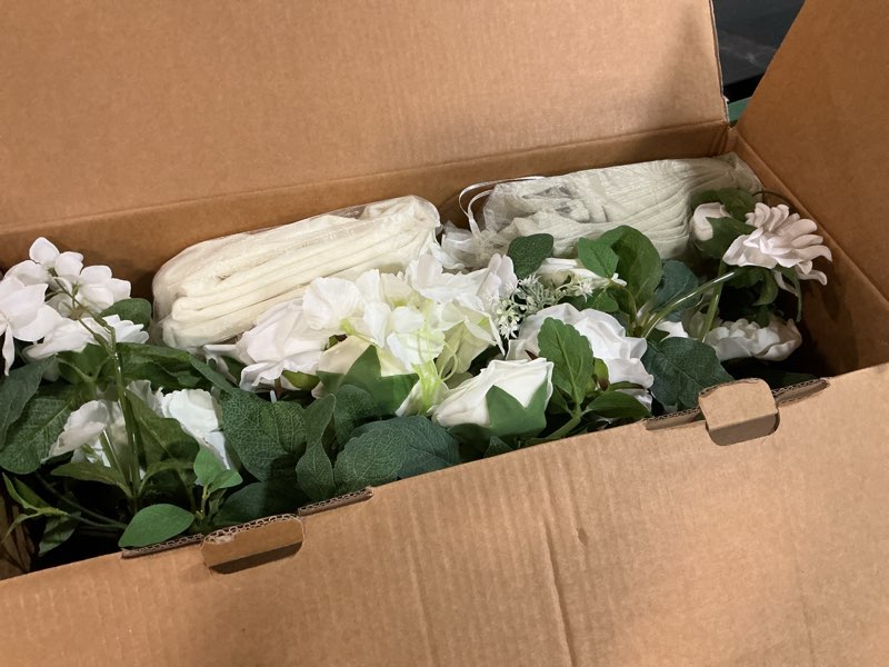 Condition photo showing Good Condition for Ling's moment Wedding Arch Backdrop Stand with Flowers - 7.2FT Metal Arch Frame with Drapes for Ceremony Decor - Bridal Shower, Artificial Floral for Birthday Party, Outdoor, White Ivory Green Wht-white & Sage