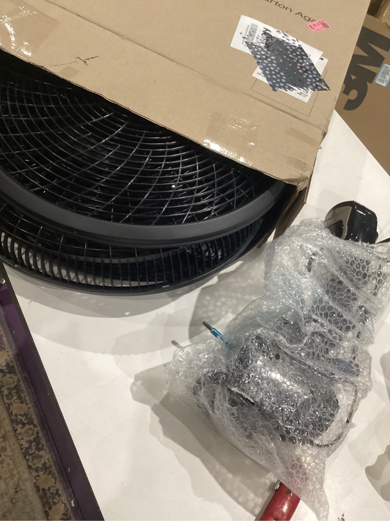 Condition photo showing As Is for lasko oscillating cyclone pedestal fan, adjustable height, timer, remote control, 3 speeds, for bedroom, living room, home office, 18", black, 1843