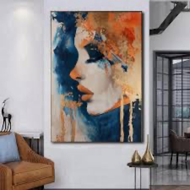 orange blue canvas wall art abstract face painting modern picture abstract colorful wall art navy artwork blue and orange wall prints modern canvas colorful poster women face poster 16x24in no frame