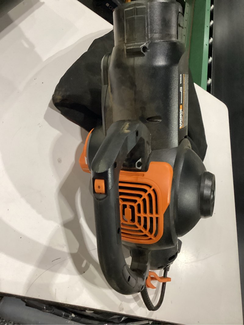 Condition photo showing As Is for worx trivac 3 in 1 electric leaf blower for lawn care, leaf vacuum with 600 cfm, leaf mulcher with metal impeller, wg512 600cfm blower/vac/mulcher