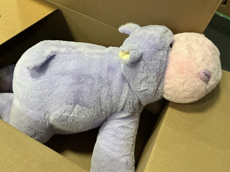 Condition photo showing As Is for 1 pcs meowtastic hippo weighted stuffed animals - 28 inch 5.0 pounds weighted plush hippo stuffed animals - large toys pillow - cute plush toys gifts for kids & adults (28\" 5.0 lbs) purple large hippopotamus
