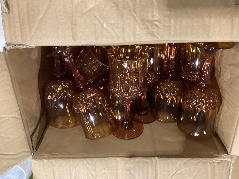 Condition photo showing Good Condition for plastic wine glasses, plastic goblets vintage style cordial unbreakable drinking glasses, reusable drinkware for wedding reception, grand event party supplies (24, amber) amber 24