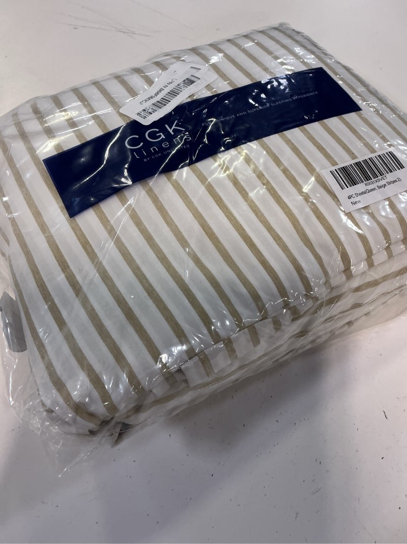 Condition photo showing New/Like New for queen size 4 piece sheet set - comfy breathable & cooling sheets - hotel luxury bed sheets for women & men - deep pockets, easy-fit, soft & wrinkle free sheets - beige stripes oeko-tex bed sheet set 44 - beige stripes 2 queen