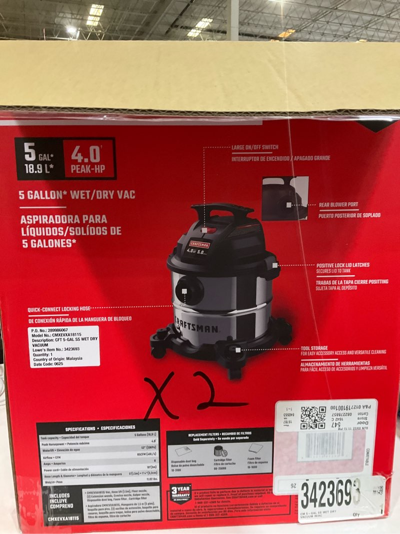 Condition photo showing As Is for craftsman 5-gallon 4 hp corded wet/dry shop vacuum