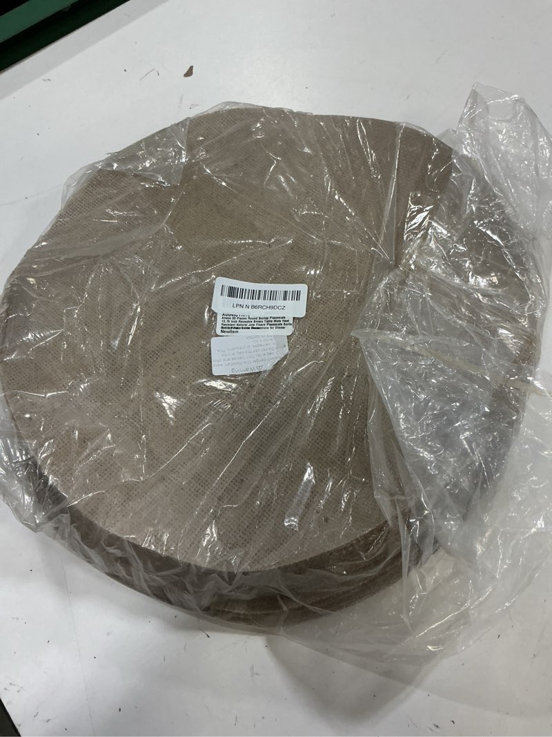 Condition photo showing New/Like New for aneco 50 pieces round burlap placemats 13.78 inch reusable brown table mats heat resistant natural jute fibers placemats burlap circle rustic table decorations for dinner holiday farmhouse decor 13.78 inch 50