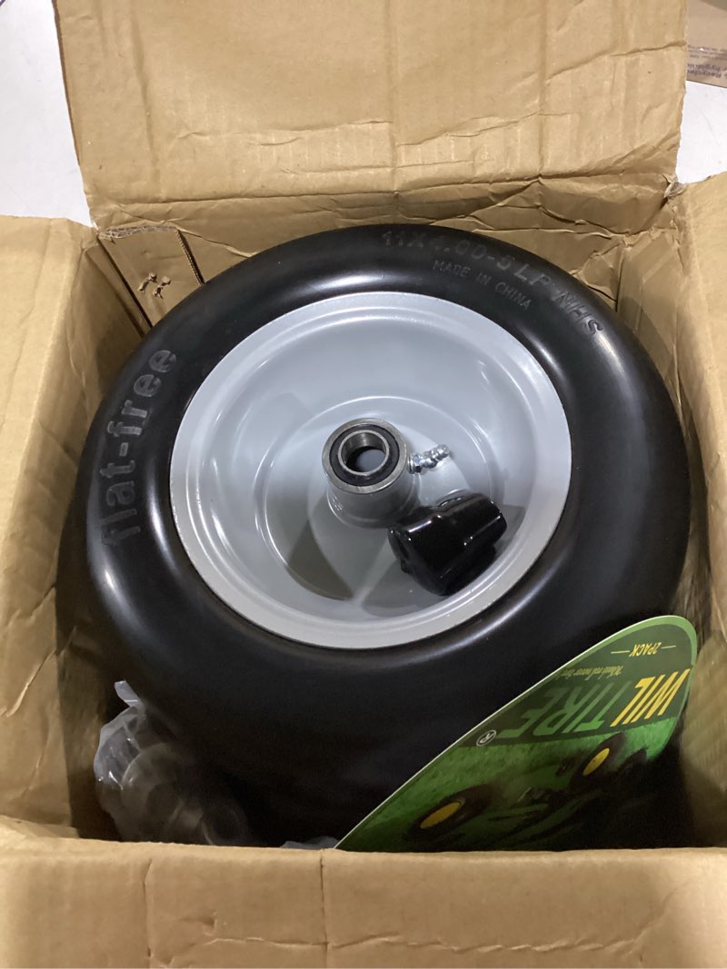 Condition photo showing New/Like New for 11x4.00-5 flat free lawn mower tires (2 pack) - solid rubber zero turn front wheels, 350 lbs capacity, universal fit with 3/4" 5/8" 1/2" bearings 11x4.00-5 flat-free (smooth,centered hub,2 pack) gray