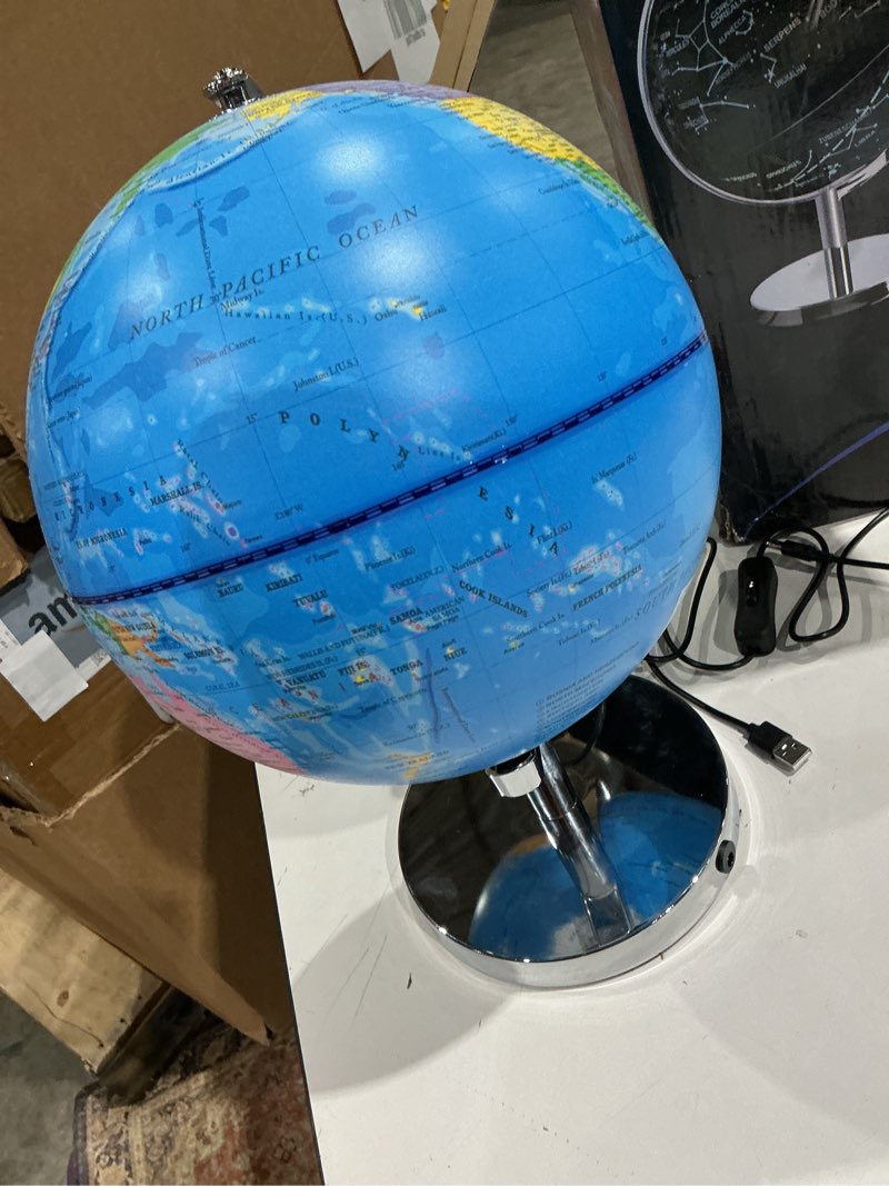 Condition photo showing Good Condition for usa toyz illuminated world globe with stand - 3in1 stem globes for adults and kids, constellation map, built-in led night light lamp, easy to read texts, non-tip base, 13.5 inch tall, 9 inch diameter 9" diameter