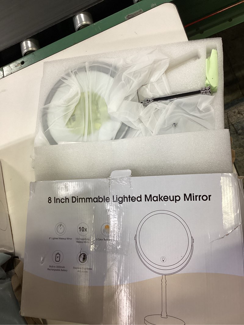 Condition photo showing New/Like New for Lighted Makeup Mirror, 3000 mAh Rechargeable Double Sided Magnifying Vanity Mirror with 3 Colors, 1x/10x, 360° Rotation , Brightness Adjustable Magnification Cosmetic Light up Mirror, Women Gift Chrome