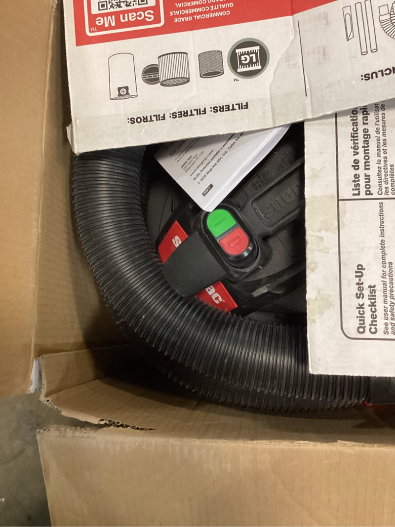 Condition photo showing As Is for broken shop-vac 5989305 wet/dry vacuum, 5 gallon, 4.5 peak hp stainless steel vacuum, 1.25 inch diameter x 7 foot hose, 6 ft cord length, ideal for jobsite, garage, car & workshop