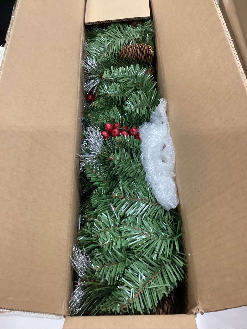 Condition photo showing Good Condition for national tree company 9 ft pre-lit crestwood spruce artificial christmas garland, christmas decoration with glitter, pinecones, red berries, 50 clear lights, 180 tips, green plug in tree
