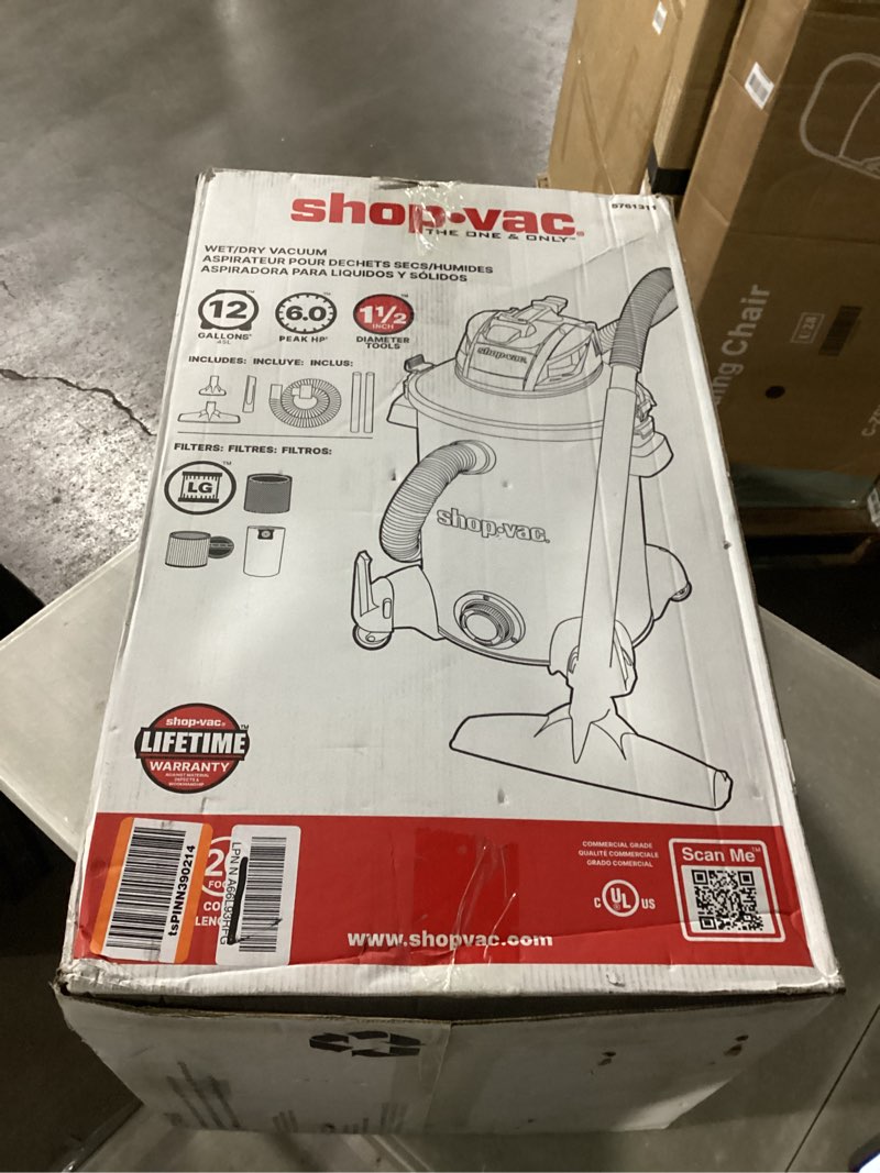 Condition photo showing New/Like New for shop-vac 5761311 12-gallon wet/dry shop vacuum, 6 peak hp, 1.5 inch diameter x 7 foot hose, 20 foot cord, ideal for home, garage, and workshop cleaning