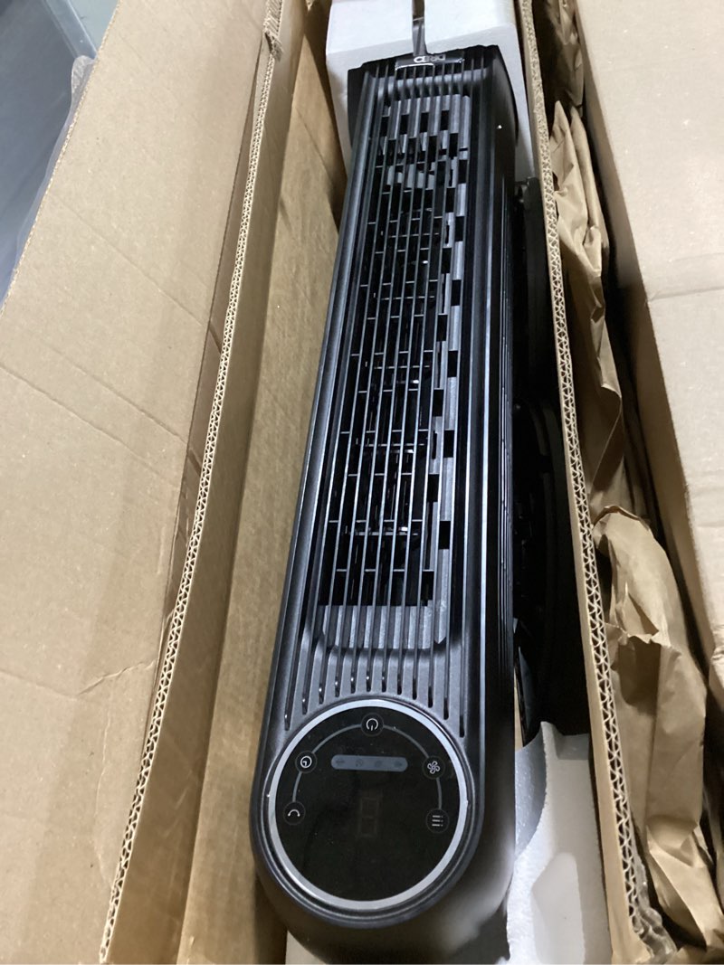 Condition photo showing As Is for dreo tower fan for bedroom, 2026 upgraded dc motor, 28ft/s high velocity, 20db ultra quiet standing fan, 8 speeds 4 modes, 90° oscillating bladeless fan for indoors, floor fans with remote, black