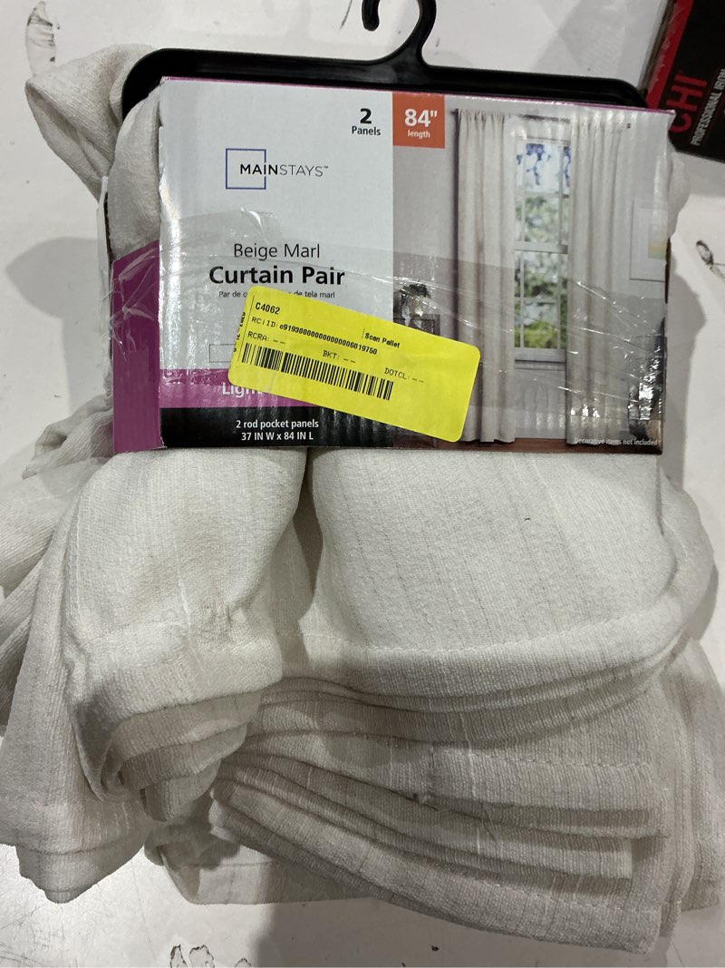 Condition photo showing As Is for mainstays como textured light filtering curtain panel pair, set of 2, beige, 37” w x 84”l