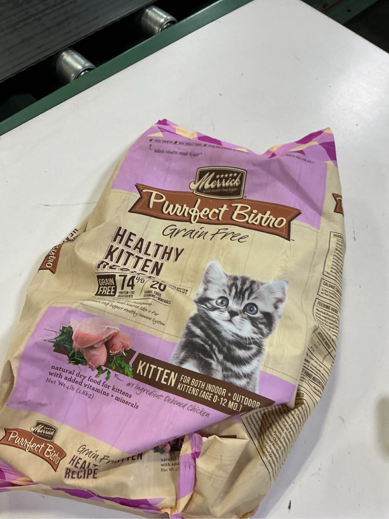 Condition photo showing New/Like New for Merrick Purrfect Bistro Premium Grain Free Natural Dry Cat Food For Young Cats, Healthy Kitten Food Recipe - 4 lb. Bag 4 Pound (Pack of 1)