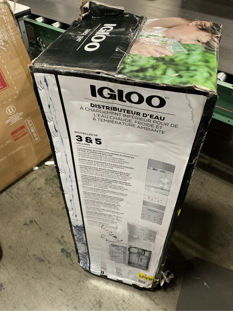 Condition photo showing As Is for Igloo Bottom Load Water Cooler Dispenser - Hot, Cold, or Room-Temperature Water - Holds 3 or 5 Gallon Bottles - Child Safety Lock - Perfect for Homes, Kitchens, Dorms - White Stainless Stainless White Bottom Load