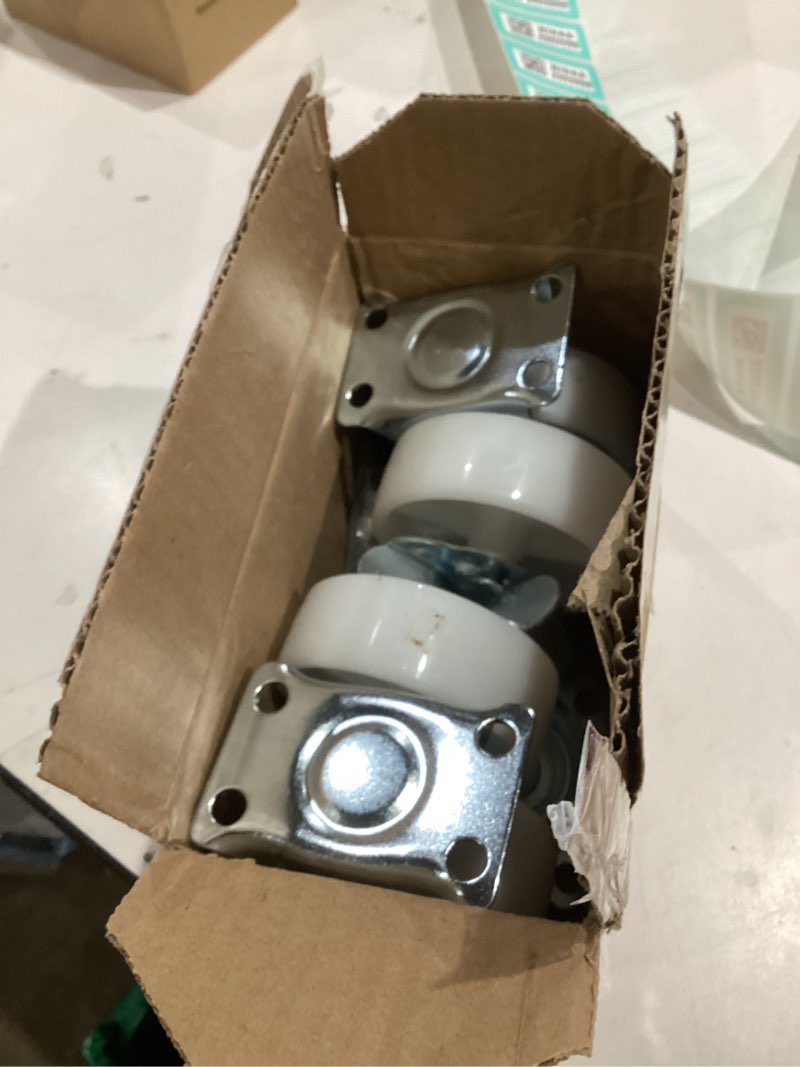 Condition photo showing Good Condition for 3-inch White Polyurethane casters (Set of 4), Including 2 Locking Swivel casters and 2 Fixed casters, Suitable for Furniture, carts, Wooden cabinets, and Metal Racks; mounting Screws Included.