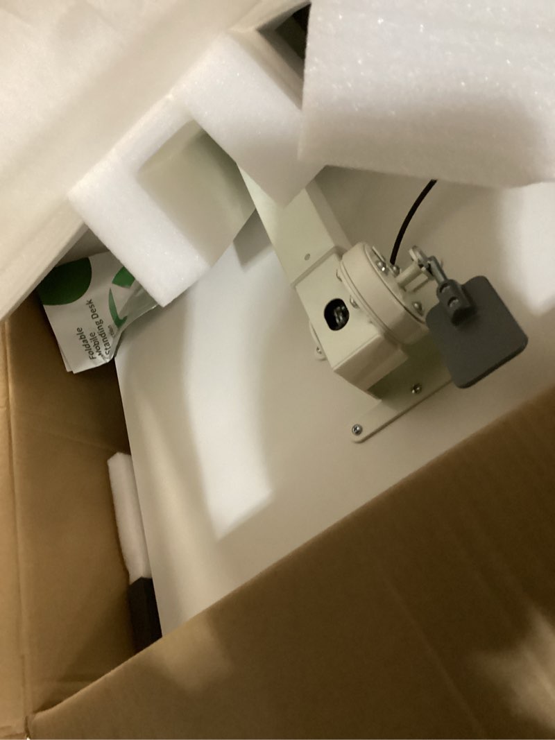 Condition photo showing Good Condition for Foldable Standing Desk?Small Mobile Sit-Stand Desk with 90 Tiltable Top?Rolling Rising Laptop Workstation Adjustable Height?Portable Table on Hidden Wheels/4 Lockable Casters?White