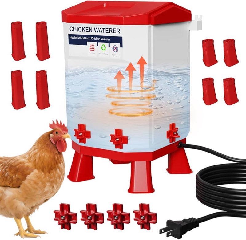 nexum heated chicken waterer - 3 gallon winter-proof poultry drinker with nipples and stand, auto th