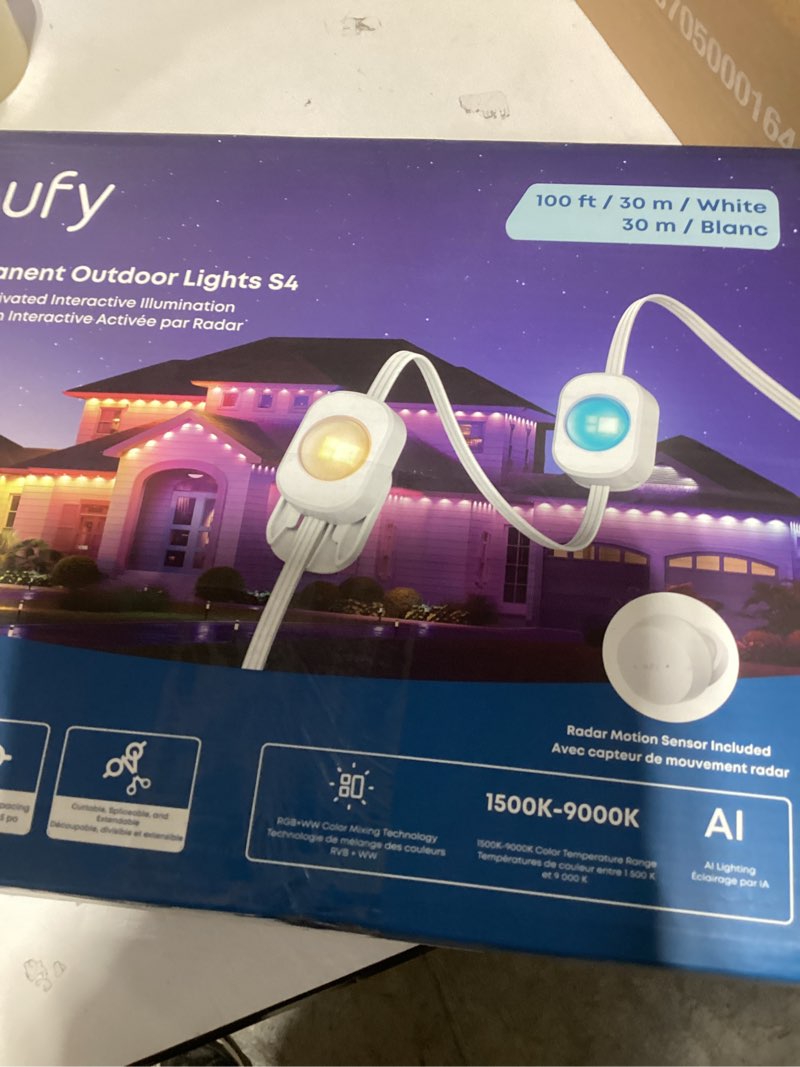 Condition photo showing New/Like New for eufy Permanent Outdoor Lights S4, Radar-Activated, 100ft with 72 RGBWW LED String Lights for Daily, Accent and Christmas Decorations, AI Themes, Work Cams, Matter Support, IP67 Waterproof White 100ft