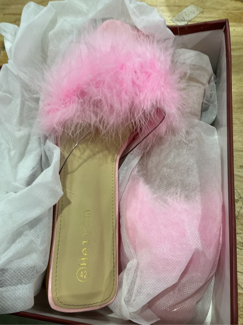 Condition photo showing As Is for women's square toe heeled sandals low block chunky heels clear mules fluffy feather slip on wedding bridal party dress shoes 9.5 pink