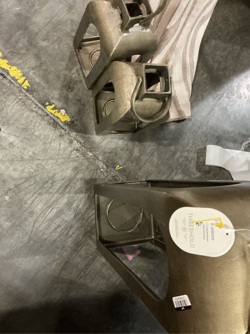 Condition photo showing Good Condition for 29"x9" pillar cast aluminum lantern candle holder gold set - threshold