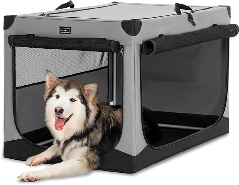 Petsfit Dog Travel Crate, Soft Dog Crate For Medium to Large Dogs up to 40KG, Easy Setup 3-Door Design, Portable &Collapsible Cat Kennel, 100 cm L x 64 cm W x 63 cm H, Grey