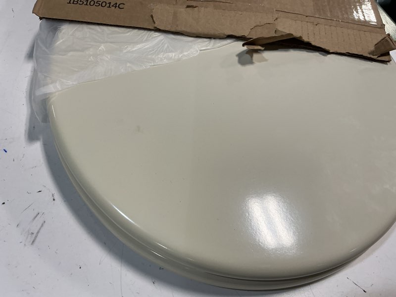 Condition photo showing As Is for CHURCH Toilet Seat, Easy Clean Hinges Release for Deep Cleans, Durable Enameled Wood Seat, Round, Bone Round Bone
