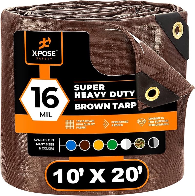 10' x 20' Super Heavy Duty 16 Mil Brown Poly Tarp Cover - Thick