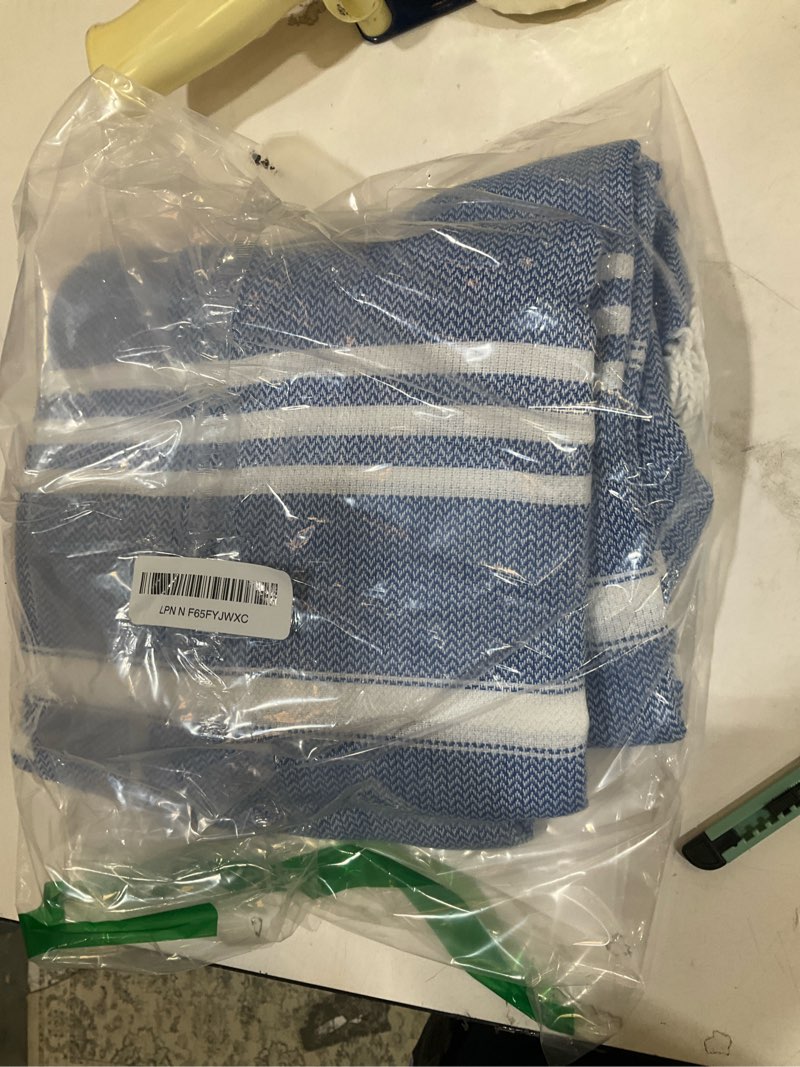 Condition photo showing Good Condition for 2 pack turkish beach towels vacation essentials with bag quick dry sand free soft absorbent adult bath pool swim long wide stripe towel cloud linen sandfree mat summer thing lightweight travel blue 2 packs thinner blue 72 x 36 inch 2