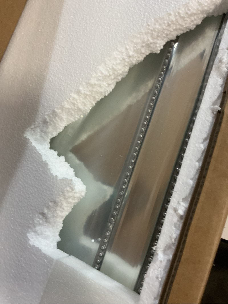 Condition photo showing New/Like New for metro beaded wooden frame bathroom mirror 24"x36" large framed deco wall mirror with angled beveled frame for living room entryways, washrooms (#rfm2436s)
