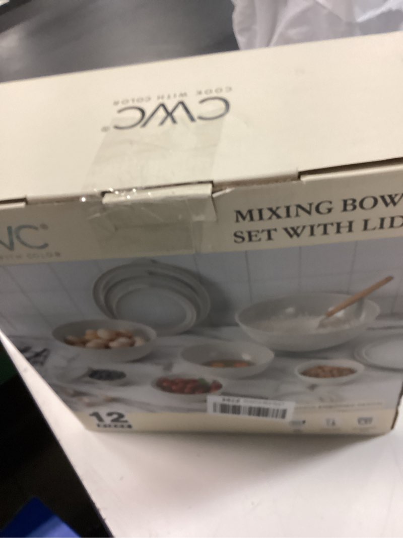 Condition photo showing New/Like New for cook with color mixing bowls with lids - 12 piece plastic nesting bowls set includes 6 prep bowls and 6 lids, non slip bottom and embossed design - microwave safe (cream) cream embossed