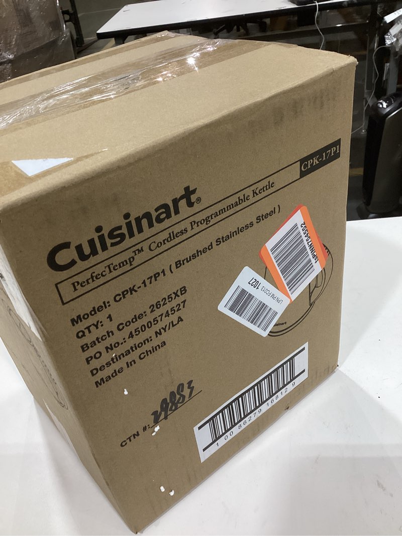 Condition photo showing As Is for Cuisinart PerfecTemp 1.7-Liter Electric Kettle, Cordless Electric Tea Kettle, 1500W for Fast Heat-Up, 6 Preset Temperatures, 30-Minute Keep Warm, Stay Cool Nonslip Handle, CPK-17P1 Stainless Steel PerfecTemp