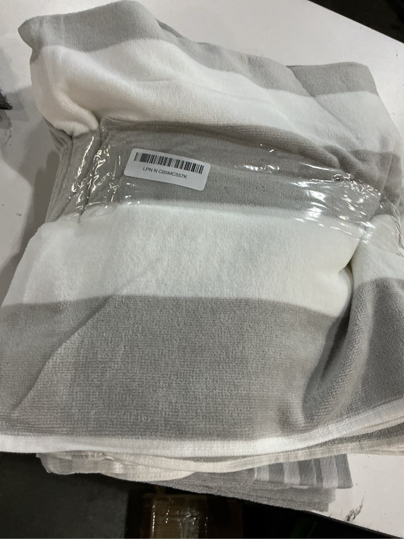 Condition photo showing Good Condition for great bay home 100% cotton velour 4 pack beach towels 30" x 60" - cabana stripe pool towels - quick dry, large swim towel (pale grey) 4 pack- 30" x 60" pale grey