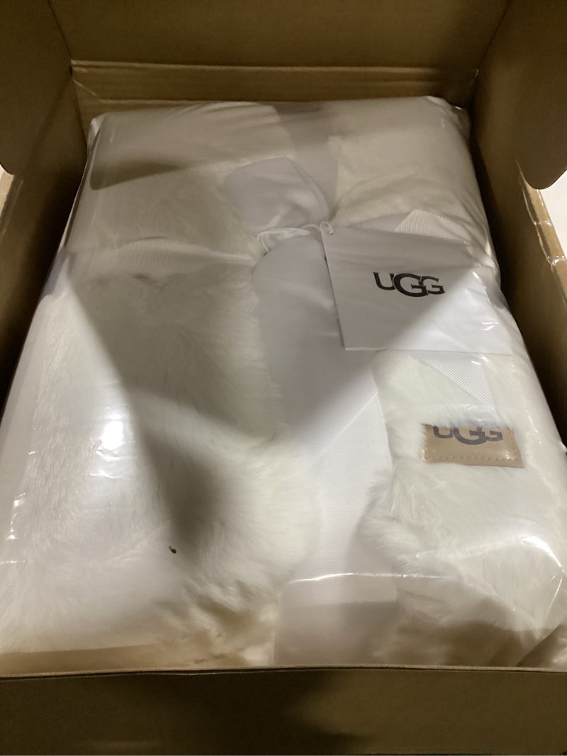 Condition photo showing New/Like New for UGG Euphoria Faux Fur Throw Blanket, Warm Fluffy Throw for Couch or Bed, Luxury Bedroom Decor, Fluffy Blankets, Machine Washable, 50-inch x 70-inch, White Snow White Throw