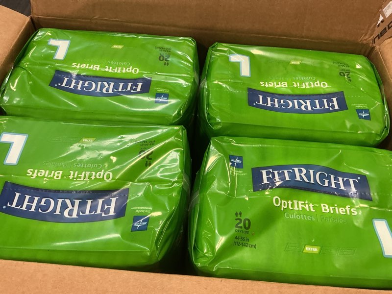 Condition photo showing New/Like New for FitRight OptiFit Extra Adult Briefs, Incontinence Diapers with Tabs, Moderate Absorbency, Large, 44 to 56", 20 Count (Pack of 4) 80 Count Large