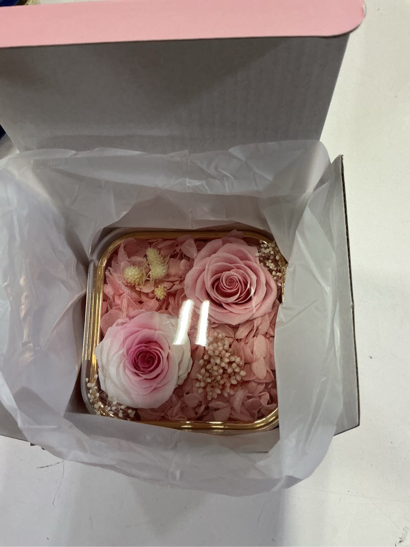 Condition photo showing New/Like New for Preserved Real Roses with Heart Necklace, Eternal Rose Jewelry Box Gifts for Mom, Wife, Girlfriend, Women, Birthday, Anniversary, Valentine’s Day, Mother’s Day(Pink+White) Pink and White