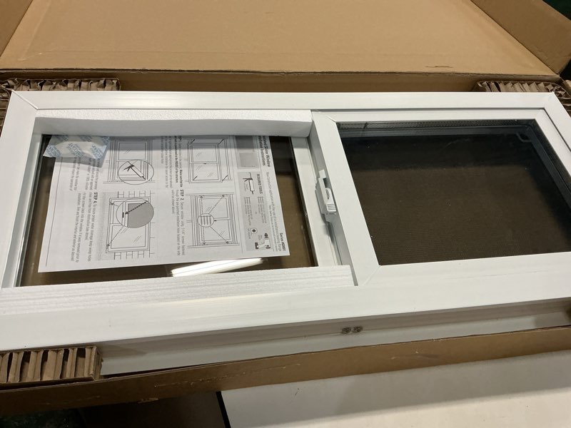 Condition photo showing New/Like New for vinyl basement window, bathroom sliding window 32" x 14" white | double pane insulated tempered glass and fiberglass screen for basement, bathroom, shed 32x14 in white