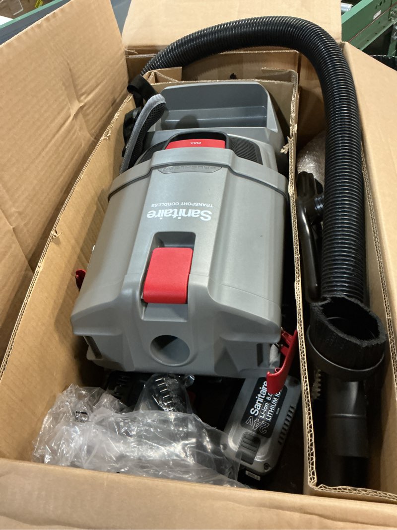 Condition photo showing Good Condition for sanitaire transport commercial cordless backpack vacuum with adjustable wand, dual 24v batteries, handheld controls, sc580a. gray sanitaire transport backpack vacuum