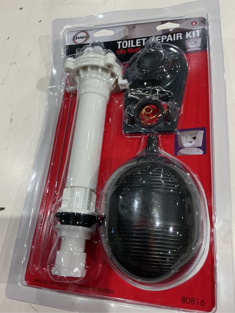Condition photo showing As Is for danco complete toilet repair kit, fill valve, flapper, rod, float replacement (80816), white
